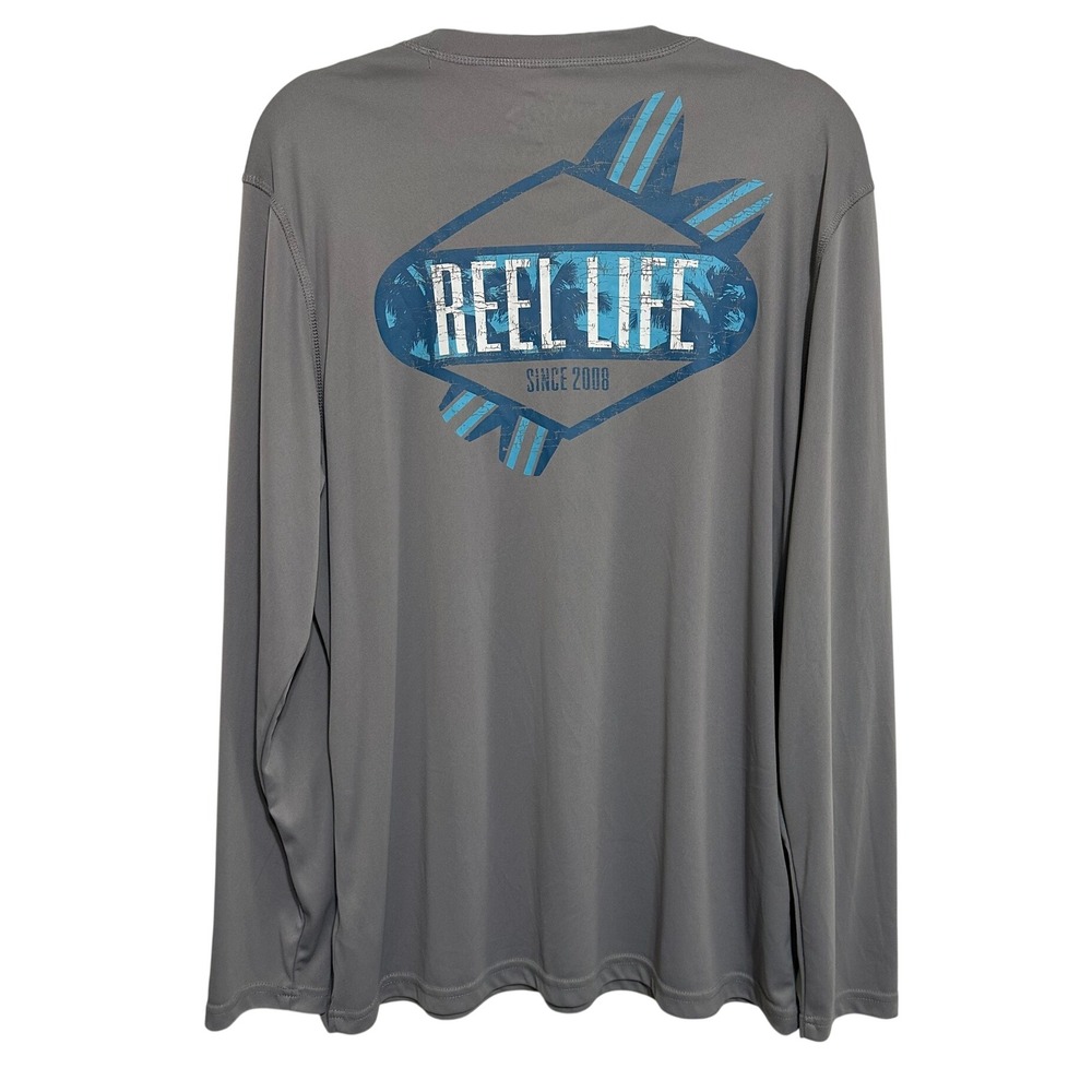 Reel Life Performance Shirt Mens Gray Long Sleeve Graphic Fishing Tee Size Large